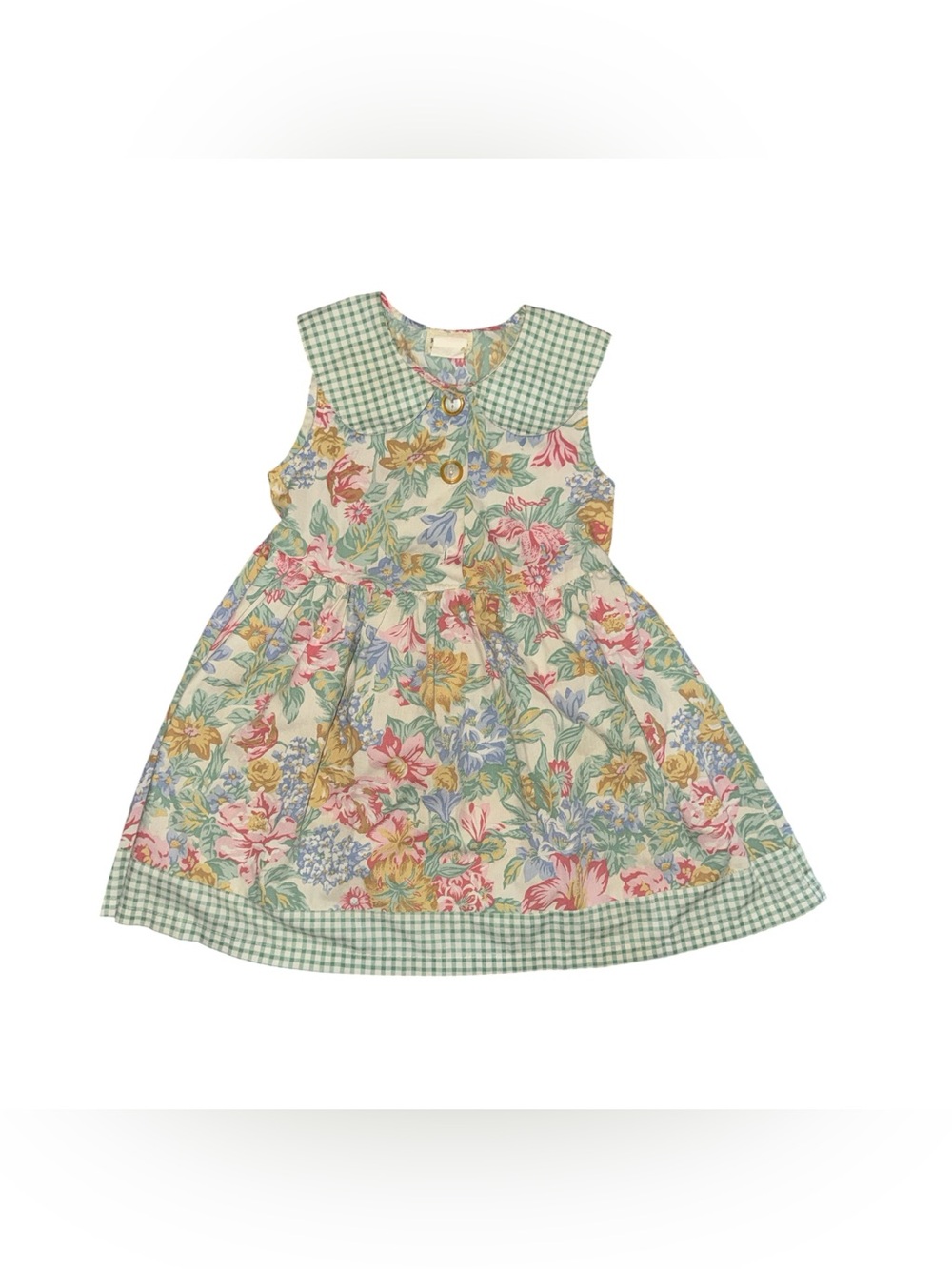 Vintage 90s Rachel’s Kids Floral Sleeveless Dress with Floral Green Gingham Trim